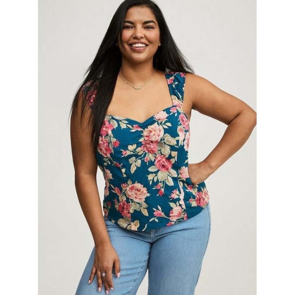 Torrid Teal Pink Floral Sweetheart Smocked‎ Back Tank Top Plus Size 3